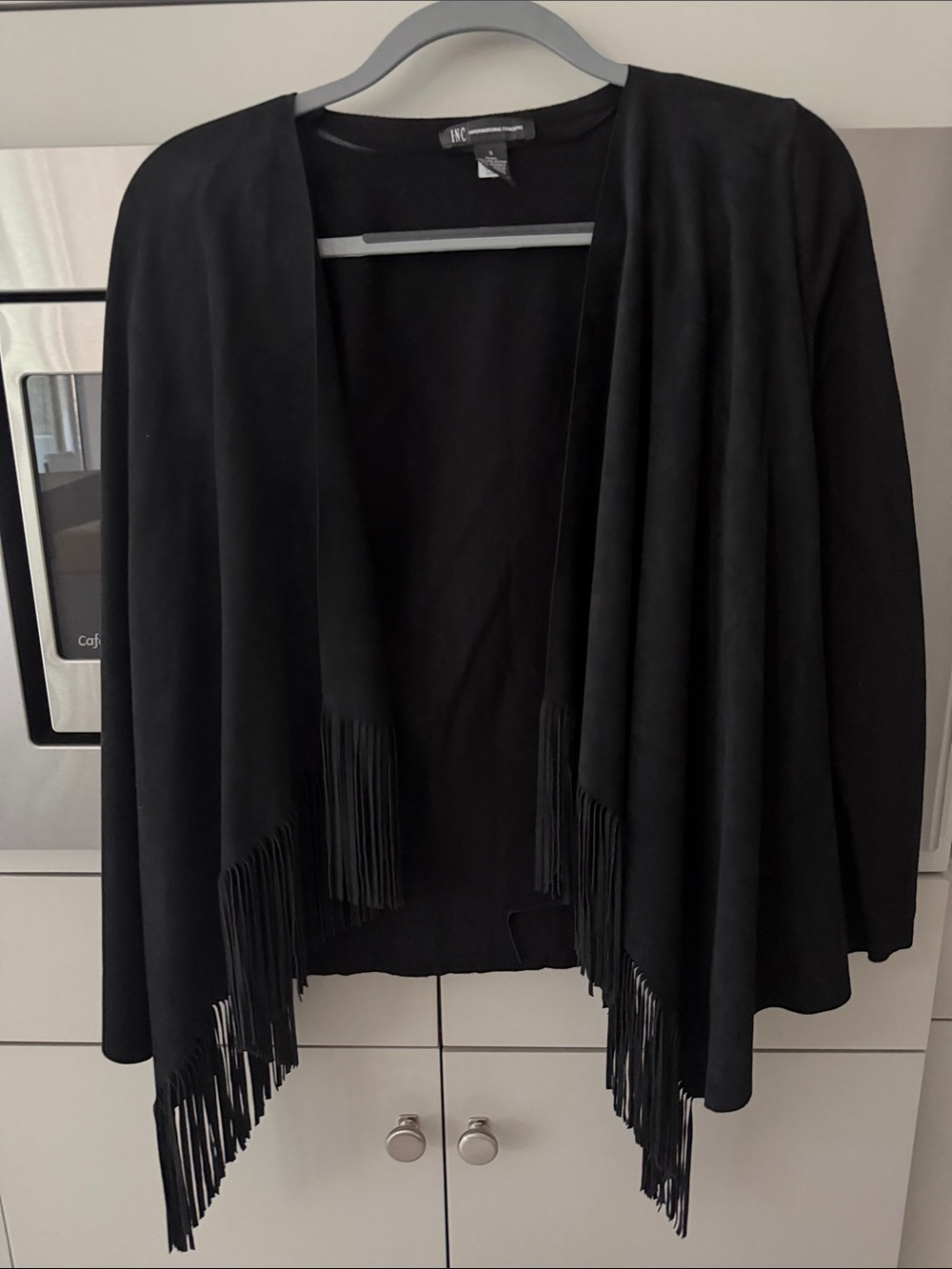 INC International Concepts Black Fringe Open-Front Poncho Cardigan